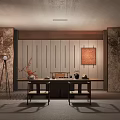 Traditional Tea Room Interior Design With Wooden Table Chairs Tea Set And Wall Art