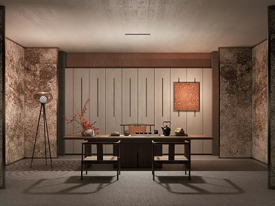 Traditional Tea Room Interior Design With Wooden Table Chairs Tea Set And Wall Art 3d model