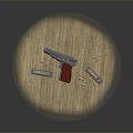 Red Grip Handgun with Magazines and Scattered Bullets on Wooden Floor