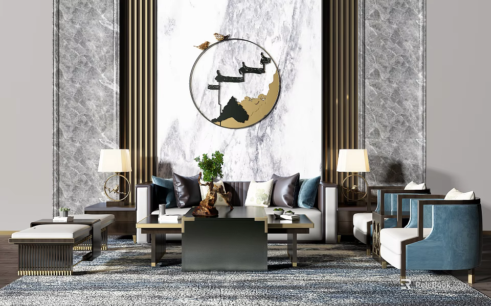 Elegant Sofa Coffee Table Combination Interior With Marble Wall Round Art And Table Lamps 3d model