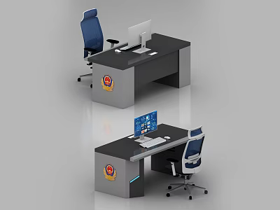 Modern Office Desks With Computers Keyboards And Emblem Logos On Black Gray Surfaces And Blue Chairs 3d model