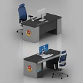 Modern Office Desks With Computers Keyboards And Emblem Logos On Black Gray Surfaces And Blue Chairs