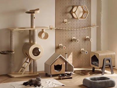 Wooden Cat Tree with Modern Design Scratching Posts Platforms and Wall Mounted Pads for Cats 3d model