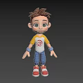 Cartoon Boy With Brown Hair Big Eyes Yellow Sleeved White T-shirt Blue Pants Red Shoes