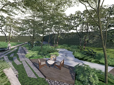 Scenic Park Landscape Featuring Lush Trees Winding Pathway Wooden Deck And Greenery 3d model