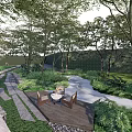 Scenic Park Landscape Featuring Lush Trees Winding Pathway Wooden Deck And Greenery