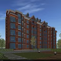 Modern Red Brick Residential Building With Glass Windows Surrounding Greenery Trees Lawn Pathways And Lighting