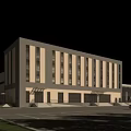 Modern Office Building With Gray And White Exterior Large Windows And Parking Lot