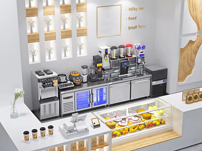 Bubble Tea Shop Interior With Milk Tea Machines Display Fridges Fresh Fruits Desserts Wooden Shelves 3d model