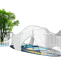 Colorful Playground Equipment With Wavy Fence Tree And Bright Ground Design
