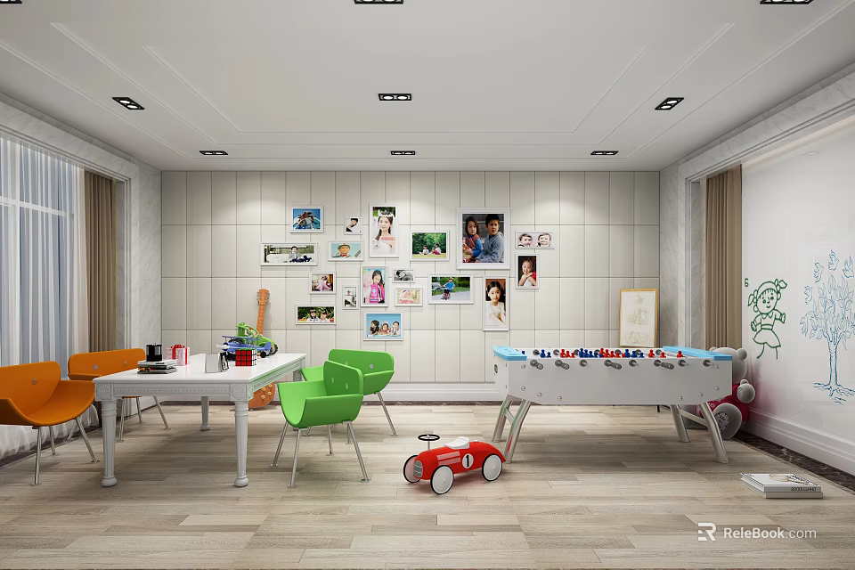 School Classroom Interior With Colorful Chairs Tables Photo Wall Decorated With Pictures And Toy Car 3d model 