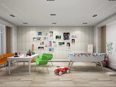 School Classroom Interior With Colorful Chairs Tables Photo Wall Decorated With Pictures And Toy Car 3d model