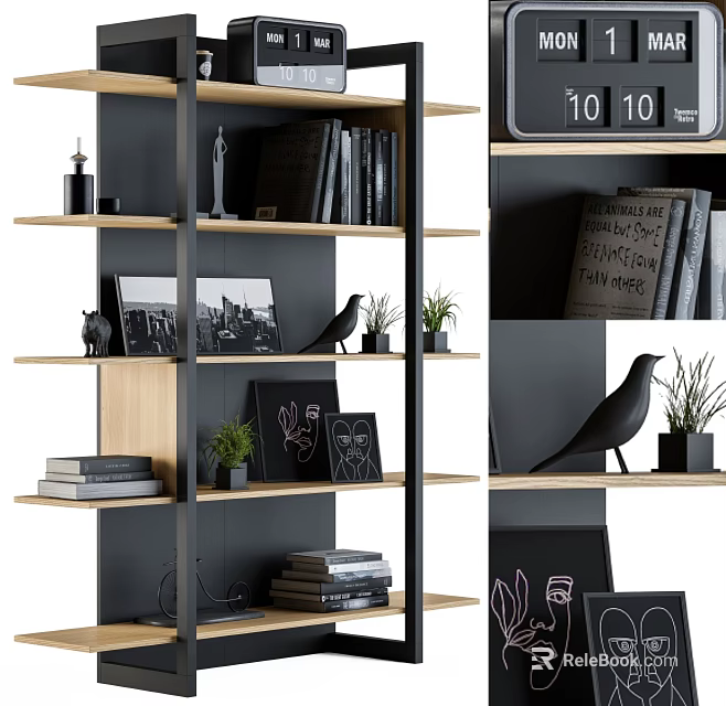 Modern Bookshelf With Wooden Shelves Books Photo Frames And Potted Plants 3d model 