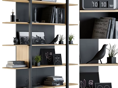 Modern Bookshelf With Wooden Shelves Books Photo Frames And Potted Plants 3d model