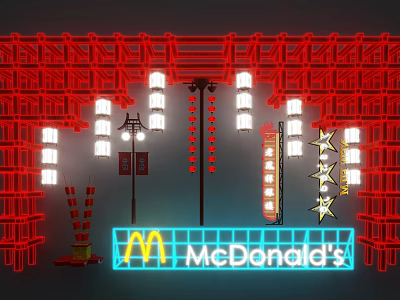 Instagrammable McDonald's Photo Spot With Red Frame Neon Lights Lanterns And Star Decorations 3d model