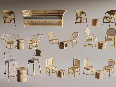 Natural Woven Table And Chair Set With Various Styles For Home Interior 3d model