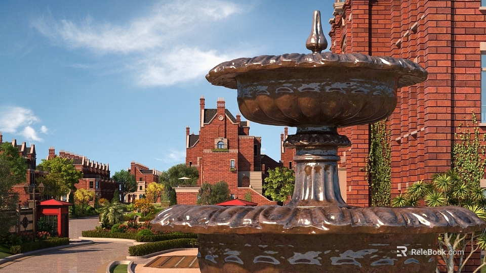 Classic Red Brick Residential Buildings With Central Fountain And Lush Green Landscaping 3d model 