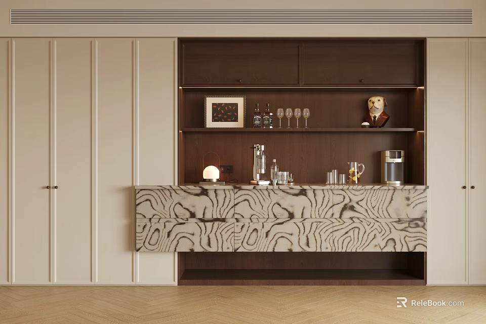 Modern Sideboard with Zebra Wood Pattern Warm Lighting Wine Glasses and Decorative Items 3d model