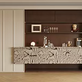 Modern Sideboard with Zebra Wood Pattern Warm Lighting Wine Glasses and Decorative Items 3d model