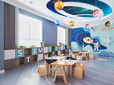 Modern Kindergarten Science and Technology Classroom Kindergarten Classroom Learning Tables and Chairs Science and Technology Modeling Wall model