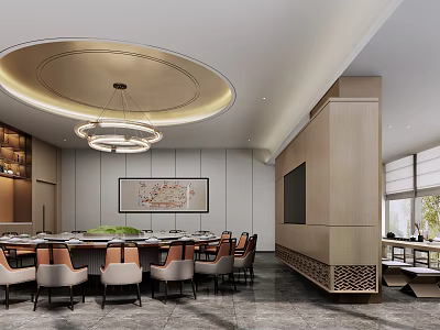 Modern Private Dining Room With Round Table Chandelier And Decorative Art 3d model