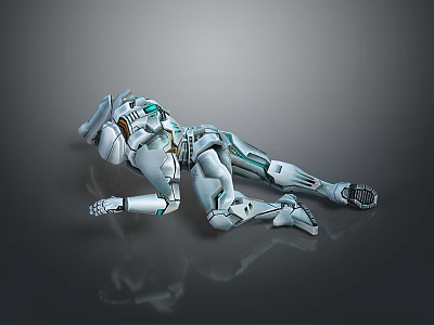 Smart Robot Lying On Shiny Surface With Silver Blue Metallic Body And Futuristic Tech Details 3d model