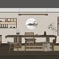 Traditional Chinese Tea Room Interior With Wooden Table Stools Teaware Shelves And Round Painting
