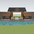 Modern Garden Pavilion With Wooden Structure Black Roof On Water And Green Grass