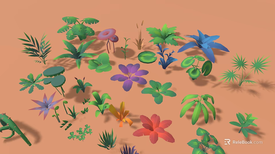 Colorful Diverse Plants with Green Leaves Purple Blue Red Flowers and Various Shapes 3d model 
