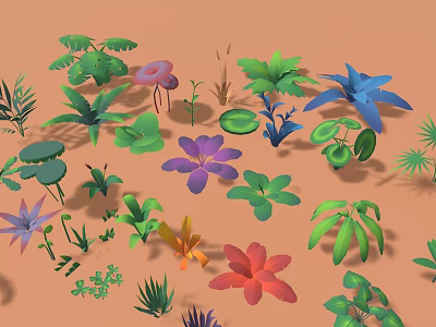 Colorful Diverse Plants with Green Leaves Purple Blue Red Flowers and Various Shapes 3d model