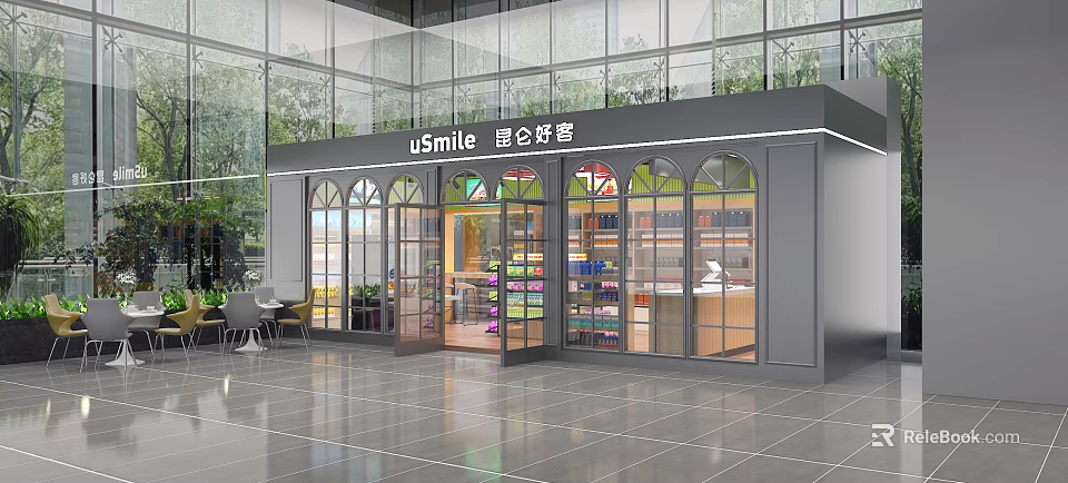 Modern Supermarket Department Store Featuring Glass Storefront Arched Windows Shelves And Product Displays 3d model 