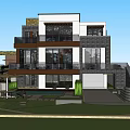 Modern Detached Villa Exterior Design With Glass Windows Stone Facade And Outdoor Lawn