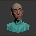3D Sculpture of a Man with Bald Head Wrinkled Face in Teal Turtleneck with Buttons