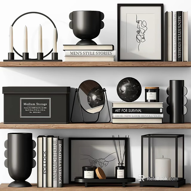 Elegant Decorative Ornament Set With Shelves Books Mirrors And Sculptural Pieces 3d model 