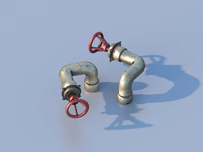 Two Silver Metal Water Pipe Fittings With Red Knobs On Light Blue Background 3d model