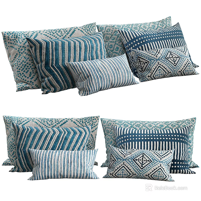 Blue And White Decorative Throw Pillows With Geometric Patterns And Striped Designs 3d model 