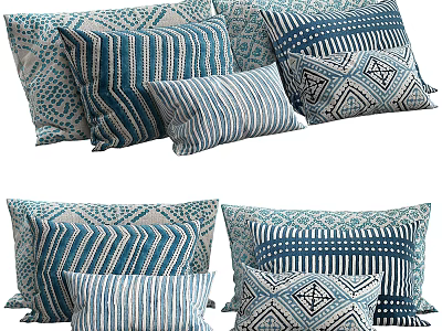 Blue And White Decorative Throw Pillows With Geometric Patterns And Striped Designs 3d model
