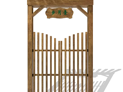 Traditional Chinese Style Wooden Gate with Slatted Design and Hanging Plaque 3d model