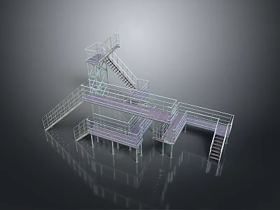 Industrial Metal Frame Platform Structure With Staircases Railings And Transparent Purple Flooring 3d model