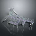 Industrial Metal Frame Platform Structure With Staircases Railings And Transparent Purple Flooring