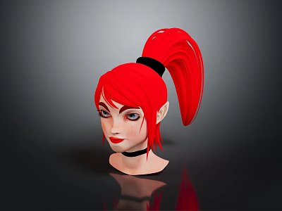 Anime Style Character 3D Model With Red Ponytail Hair Pointed Ears And Black Choker 3d model