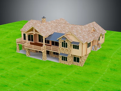 Two Story House With Tile Roof Chimney Stone Base And Wooden Deck On Green Lawn 3d model