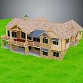 Two Story House With Tile Roof Chimney Stone Base And Wooden Deck On Green Lawn
