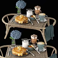 Homemade Pancakes With Syrup Milk And Coffee On Wicker Tray With Hydrangea