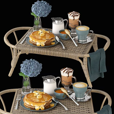 Homemade Pancakes With Syrup Milk And Coffee On Wicker Tray With Hydrangea 3d model
