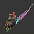 Futuristic Motorcycle with Rocket Thrusters and Purple Flame Trails Ridden by Person in Dark Background