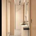 Modern Public Restroom Interior With Washbasin Mirror Soap Dispenser And Wooden Door