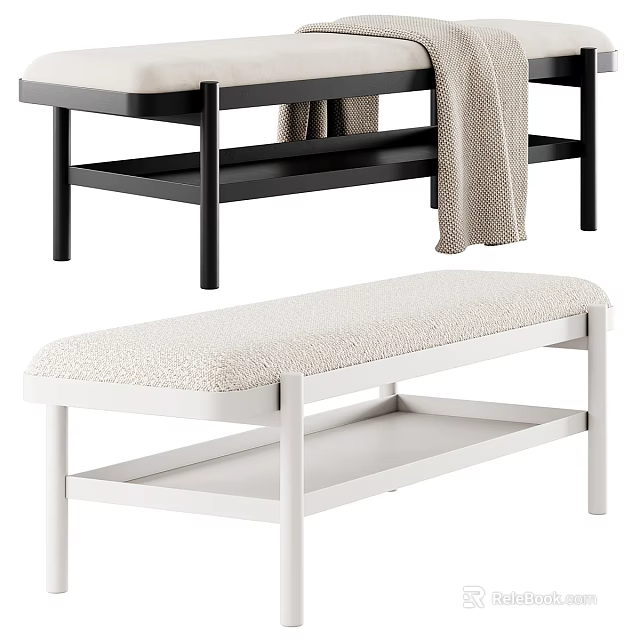 Modern Upholstered Sofa Bench With Storage Shelf And Black White Frame 3d model 