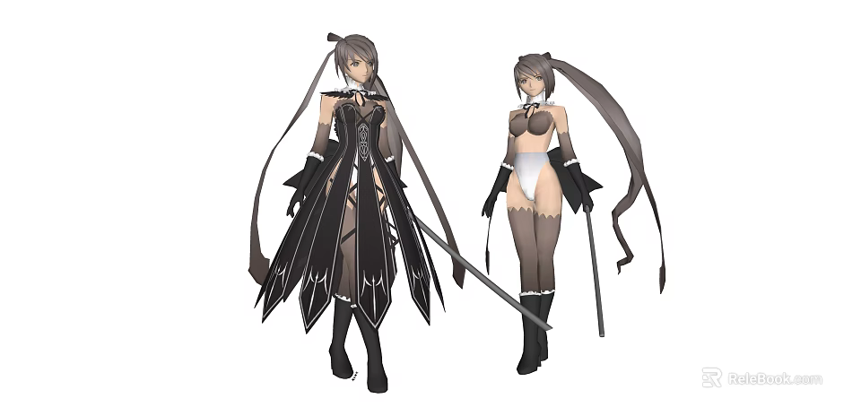 Game And Movie Character Design With Twintails Black White Outfits And Weapons 3d model 