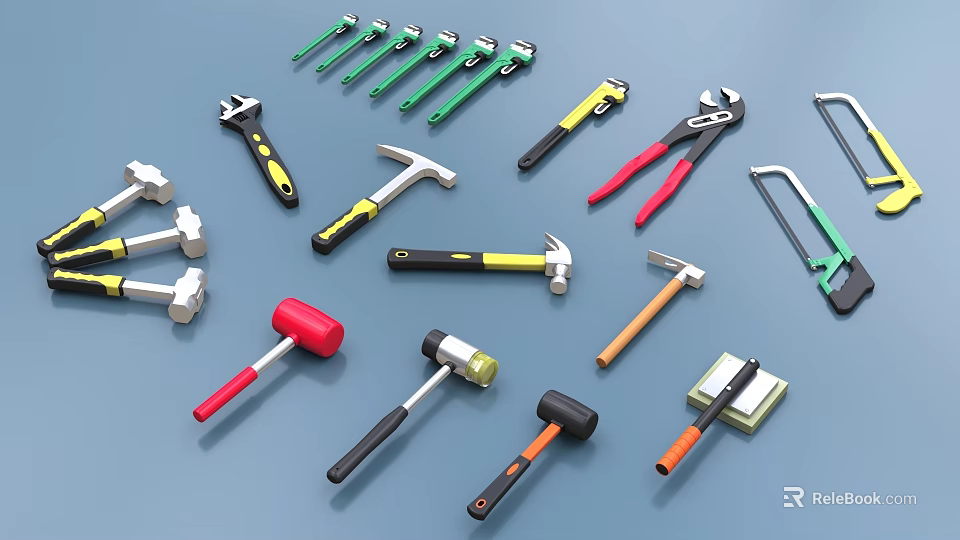 Industrial Tools Collection With Hammers Wrenches Pliers And Saws On Blue Background 3d model 